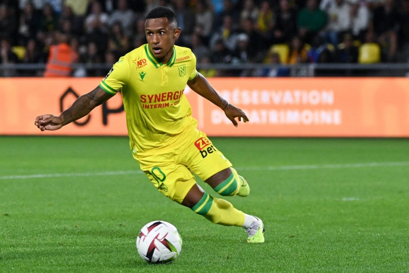 Nantes' Brazilian forward #10 Marquinhos runs with the ball during the French L1 football match between FC Nantes and Marseille at the Stade de la BeaujoireLouis Fonteneau in Nantes, western France on September 1, 2023. (Photo by SEBASTIEN SALOM-GOMIS/AFP via Getty Images)