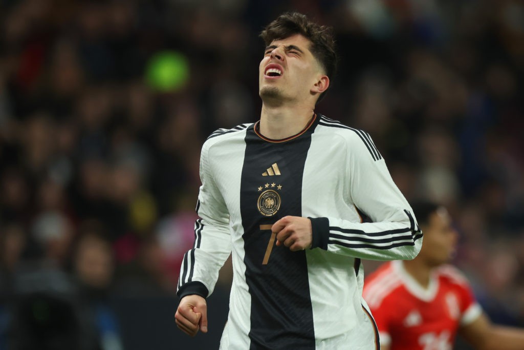 MAINZ, GERMANY - MARCH 25: Kai Havertz of Germany reacts during an international friendly match between Germany and Peru at MEWA Arena on March 25, 2023 in Mainz, Germany. (Photo by Alex Grimm/Getty Images)