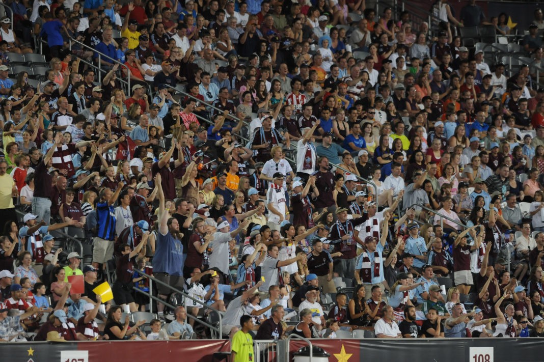 COMMERCE CITY, CO - JULY 03: Fans of the Colorado Rapids react to the game against the Houston Dynamo at Dicks Sporting Goods Park on July 3, 2011 in Commerce City, Colorado. (Photo by Bart Young/Getty Images)