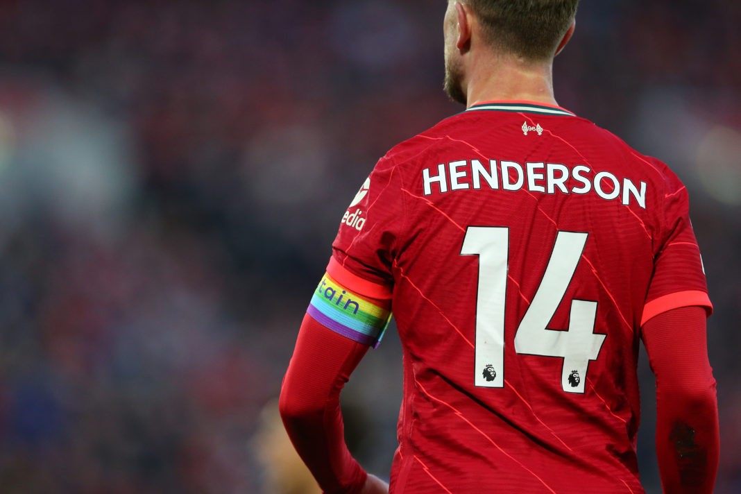 LIVERPOOL, ENGLAND - NOVEMBER 27: Jordan Henderson of Liverpool wears a rainbow captains armband as clubs show their support to the Stonewall Rainbow Laces campaign during the Premier League match between Liverpool and Southampton at Anfield on November 27, 2021 in Liverpool, England. (Photo by Alex Livesey/Getty Images)