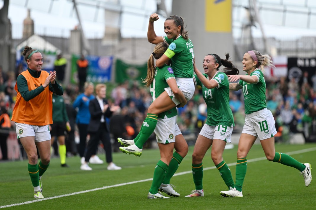 DUBLIN, IRELAND - SEPTEMBER 23: Kyra Carusa of Republic of Ireland celebrates with team mates after scoring their sides second goal during the UEFA Women's Nations League match between Republic of Ireland and Northern Ireland at Aviva Stadium on September 23, 2023 in Dublin, Ireland. (Photo by Charles McQuillan/Getty Images)