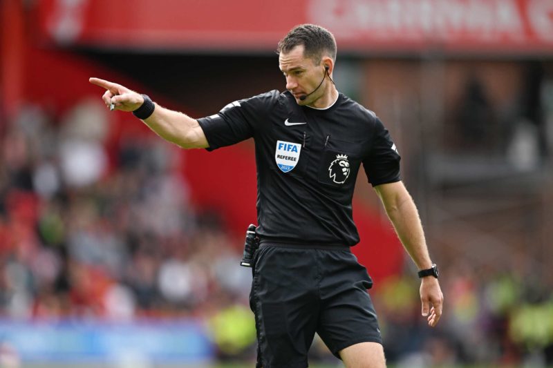 SHEFFIELD, ENGLAND - AUGUST 27: Referee Jarred Gillett gestures during the Premier League match between Sheffield United and Manchester City at Bramall Lane on August 27, 2023 in Sheffield, England. (Photo by Michael Regan/Getty Images)