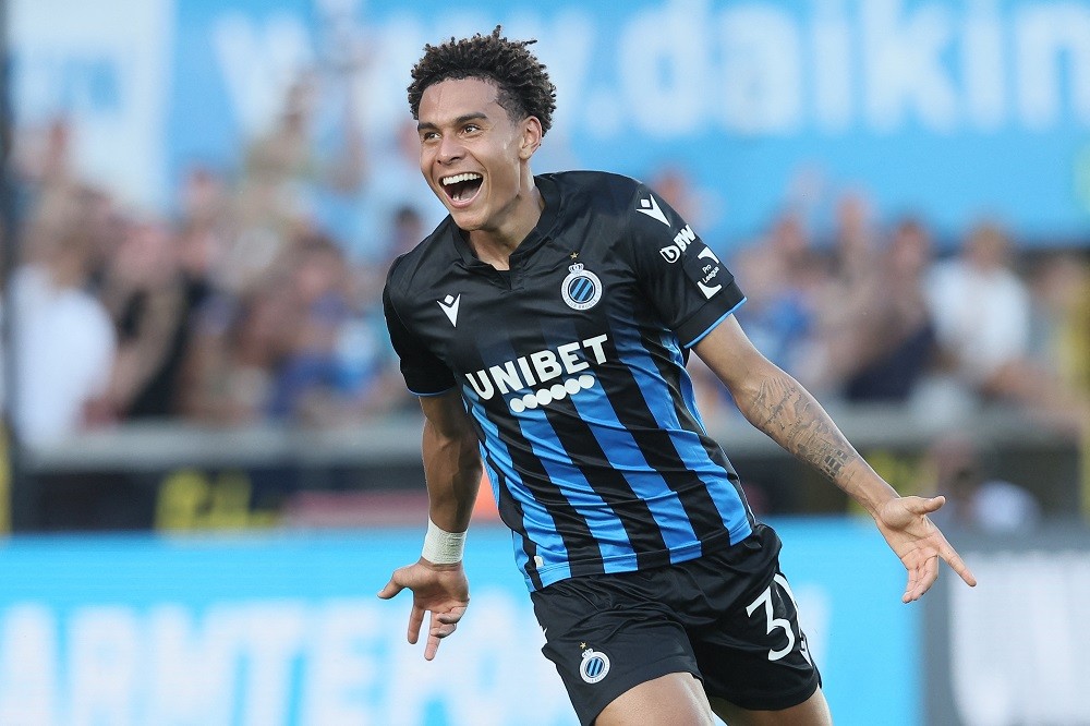 Club's Antonio Nusa celebrates after scoring during a match between Club Brugge KV and RWD Molenbeek, August 20th, 2023 in Brugge. (Photo by BRUNO FAHY/BELGA MAG/AFP via Getty Images)