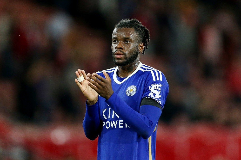 SOUTHAMPTON, ENGLAND: Stephy Mavididi of Leicester City applauds the fans after the team's victory in the Sky Bet Championship match between Southampton FC and Leicester City at Friends Provident St. Mary's Stadium on September 15, 2023. (Photo by Steve Bardens/Getty Images)