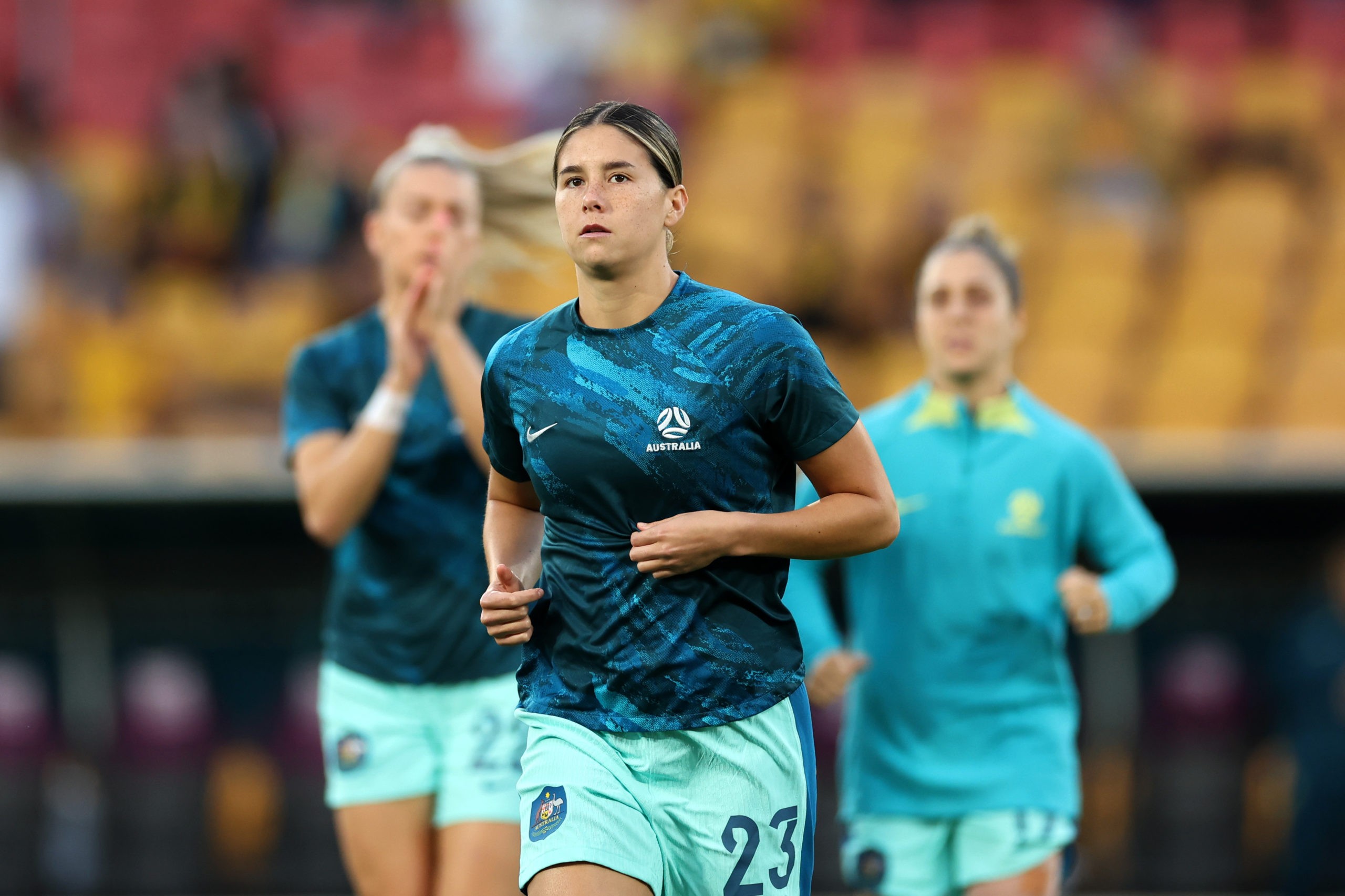 BRISBANE, AUSTRALIA - AUGUST 19: Kyra Cooney-Cross of Australia warms up prior to the FIFA Women's World Cup Australia & New Zealand 2023 Third Place Match match between Sweden and Australia at Brisbane Stadium on August 19, 2023 in Brisbane, Australia. (Photo by Cameron Spencer/Getty Images)