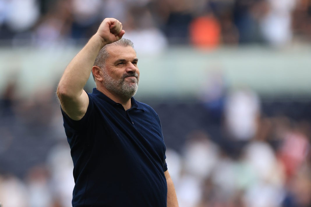 LONDON, ENGLAND - SEPTEMBER 16: Ange Postecoglou, Manager of Tottenham Hotspur, celebrates following their sides victory after the Premier League match between Tottenham Hotspur and Sheffield United at Tottenham Hotspur Stadium on September 16, 2023 in London, England. (Photo by Stephen Pond/Getty Images)