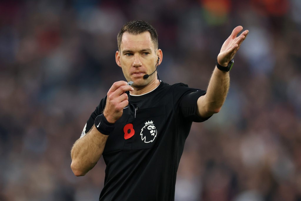 LONDON, ENGLAND - NOVEMBER 12: Referee Jarred Gillett looks on during the Premier League match between West Ham United and Leicester City at London Stadium on November 12, 2022 in London, England. (Photo by Stephen Pond/Getty Images)