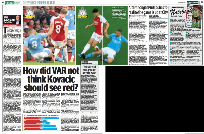 Daily Mail double page spread on how Mateo Kovacic should have been sent off.