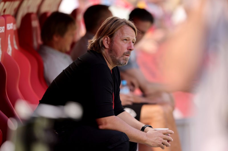 COLOGNE, GERMANY - AUGUST 28: Sven Mislintat, sporting direvctor of Stuttgart sits on the bench prior to the Bundesliga match between 1. FC Köln and VfB Stuttgart at RheinEnergieStadion on August 28, 2022 in Cologne, Germany. (Photo by Christof Koepsel/Getty Images)