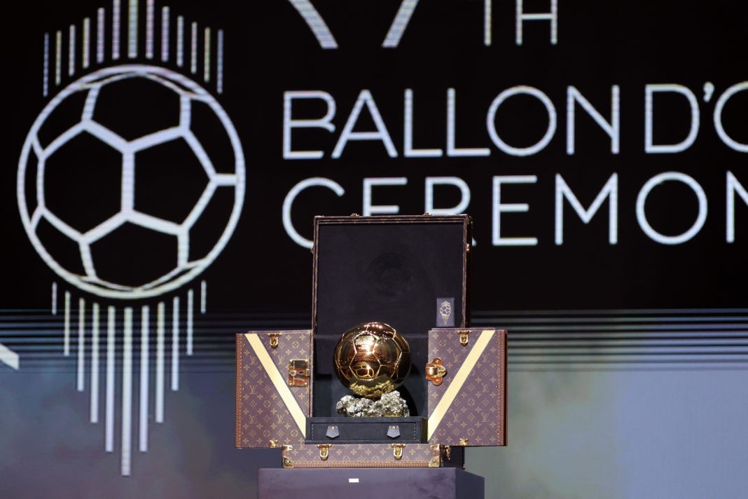 PARIS, FRANCE - OCTOBER 30: A general view of the Ballon D'Or trophy at the 67th Ballon D'Or Ceremony at Theatre Du Chatelet on October 30, 2023 in Paris, France. (Photo by Pascal Le Segretain/Getty Images)