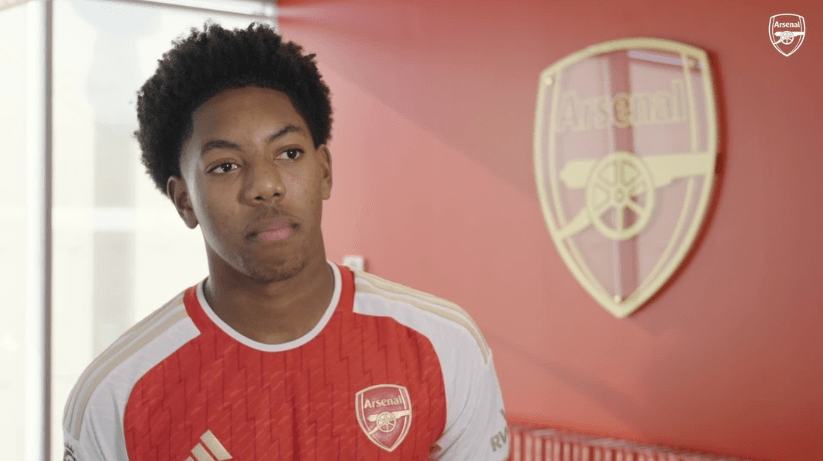 Myles Lewis-Skelly after signing his new contract (Photo via Arsenal.com)