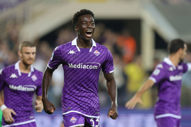 FLORENCE, ITALY - OCTOBER 2: Michael Kayode of ACF Fiorentina celebrates after scoring a goal during the Serie A TIM match between ACF Fiorentina and Cagliari Calcio at Stadio Artemio Franchi on October 2, 2023 in Florence, Italy. (Photo by Gabriele Maltinti/Getty Images)