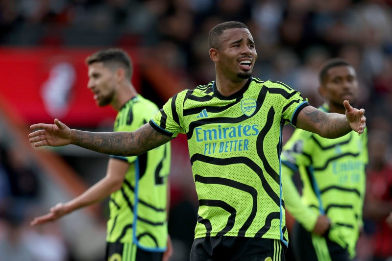 BOURNEMOUTH, ENGLAND - SEPTEMBER 30: Gabriel Jesus of Arsenal reacts during the Premier League match between AFC Bournemouth and Arsenal FC at Vitality Stadium on September 30, 2023 in Bournemouth, England. (Photo by Christopher Lee/Getty Images)