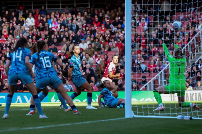 LONDON, ENGLAND - OCTOBER 15: Katie McCabe of Arsenal scores the team's first goal during the Barclays Womens Super League match between Arsenal FC and Aston Villa at Emirates Stadium on October 15, 2023 in London, England. (Photo by Marc Atkins/Getty Images)