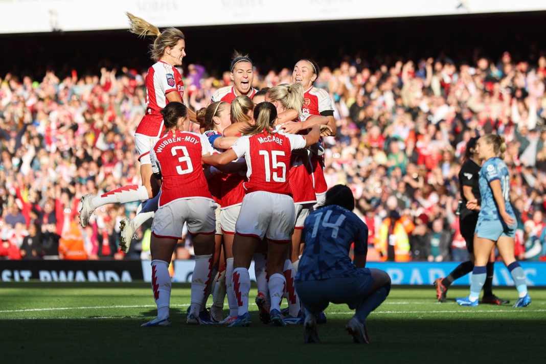 LONDON, ENGLAND - OCTOBER 15: Alessia Russo of Arsenal (obscured) celebrates with teammates after scoring the team's second goal during the Barclays Women's Super League match between Arsenal FC and Aston Villa at Emirates Stadium on October 15, 2023 in London, England. (Photo by Marc Atkins/Getty Images)
