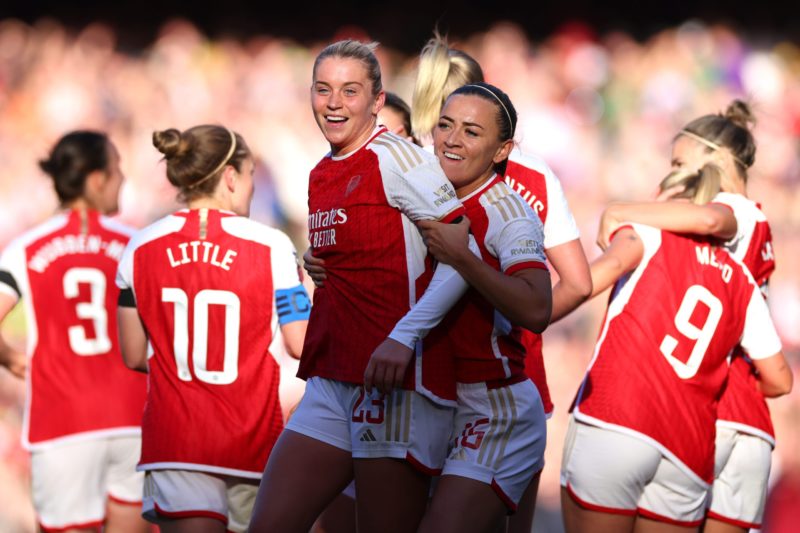LONDON, ENGLAND - OCTOBER 15: Alessia Russo of Arsenal celebrates with teammates after scoring the team's second goal during the Barclays Women's Super League match between Arsenal FC and Aston Villa at Emirates Stadium on October 15, 2023 in London, England. (Photo by Marc Atkins/Getty Images)