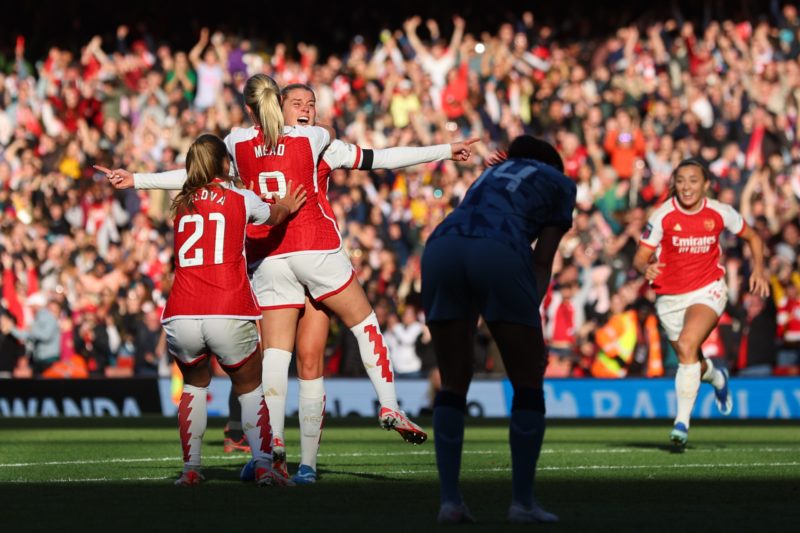 LONDON, ENGLAND - OCTOBER 15: Alessia Russo of Arsenal celebrates scoring the 2nd goal with Victoria Pelova and Beth Mead during the Barclays Womens Super League match between Arsenal FC and Aston Villa at Emirates Stadium on October 15, 2023 in London, England. (Photo by Marc Atkins/Getty Images)