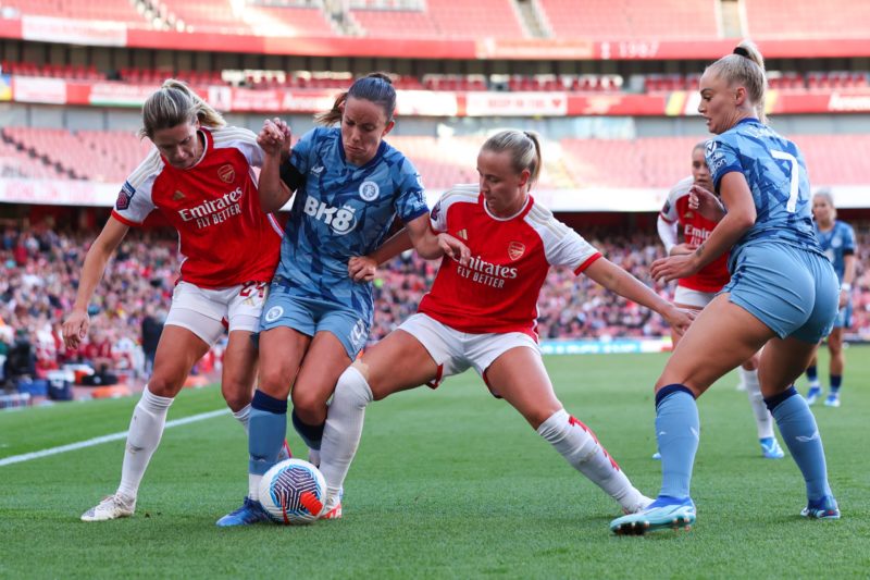 LONDON, ENGLAND - OCTOBER 15: Beth Mead and Cloe Lacasse of Arsenal in action with Lucy Staniforth and Alisha Lehmann of Aston Villa during the Barclays Womens Super League match between Arsenal FC and Aston Villa at Emirates Stadium on October 15, 2023 in London, England. (Photo by Marc Atkins/Getty Images)