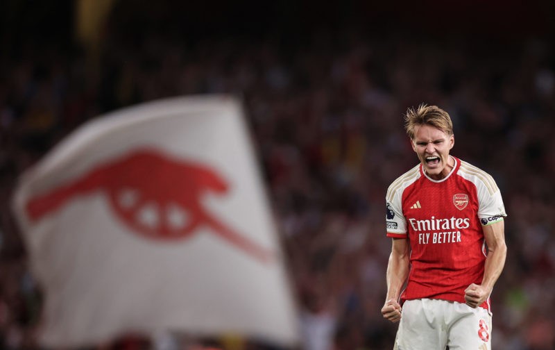 LONDON, ENGLAND - OCTOBER 08: Martin Odegaard of Arsenal celebrates victory on the final whistle during the Premier League match between Arsenal FC and Manchester City at Emirates Stadium on October 08, 2023 in London, England. (Photo by Ryan Pierse/Getty Images)