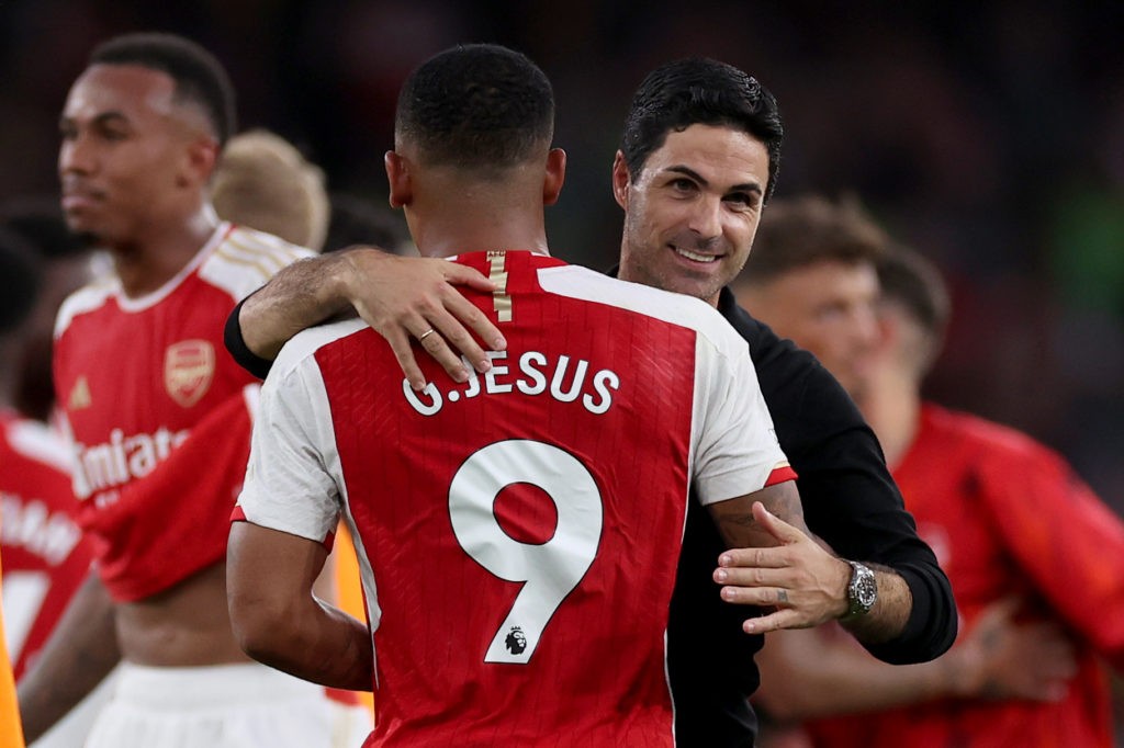 LONDON, ENGLAND - OCTOBER 08: Mikel Arteta, Manager of Arsenal, interacts with Gabriel Jesus of Arsenal following their sides victory in the Premier League match between Arsenal FC and Manchester City at Emirates Stadium on October 08, 2023 in London, England. (Photo by Ryan Pierse/Getty Images)