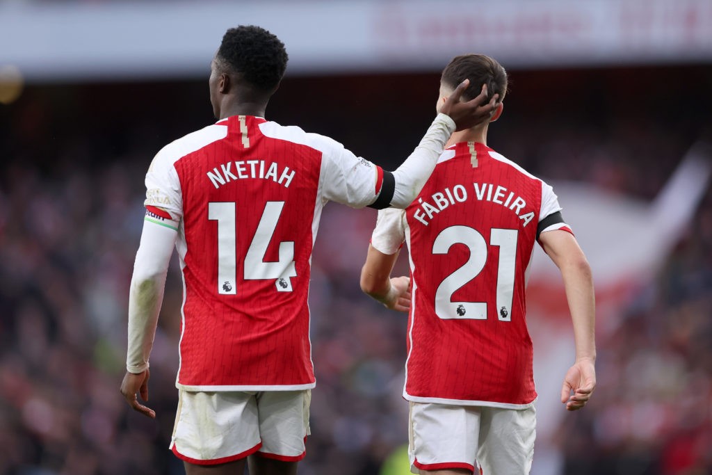 LONDON, ENGLAND - OCTOBER 28: Fabio Vieira of Arsenal celebrates with Eddie Nketiah of Arsenal after scoring the team's fourth goal during the Premier League match between Arsenal FC and Sheffield United at Emirates Stadium on October 28, 2023 in London, England. (Photo by Alex Pantling/Getty Images)