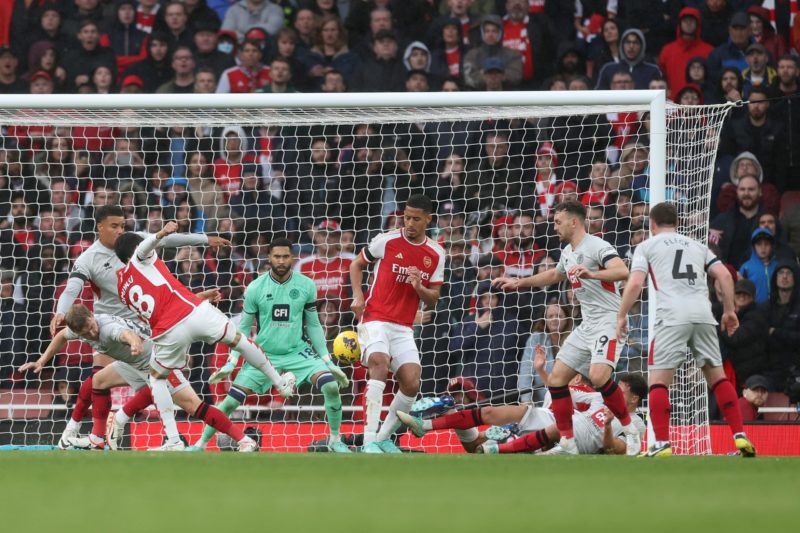 LONDON, ENGLAND - OCTOBER 28: Takehiro Tomiyasu of Arsenal scores the team's fifth goal during the Premier League match between Arsenal FC and Sheffield United at Emirates Stadium on October 28, 2023 in London, England. (Photo by Catherine Ivill/Getty Images)