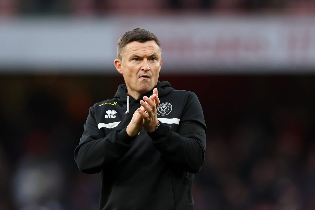 LONDON, ENGLAND - OCTOBER 28: Paul Heckingbottom, Manager of Sheffield United, looks dejected as he applauds the fans at full-time following their team's defeat in the Premier League match between Arsenal FC and Sheffield United at Emirates Stadium on October 28, 2023 in London, England. (Photo by Catherine Ivill/Getty Images)
