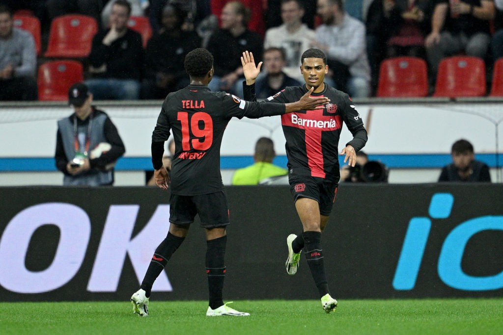 LEVERKUSEN, GERMANY - SEPTEMBER 21: Amine Adli of Bayer Leverkusen celebrates with teammate Nathan Tella of Bayer Leverkusen after scoring the team's second goal during the UEFA Europa League 2023/24 group stage match between Bayer 04 Leverkusen and BK Häcken at BayArena on September 21, 2023 in Leverkusen, Germany. (Photo by Lukas Schulze/Getty Images)