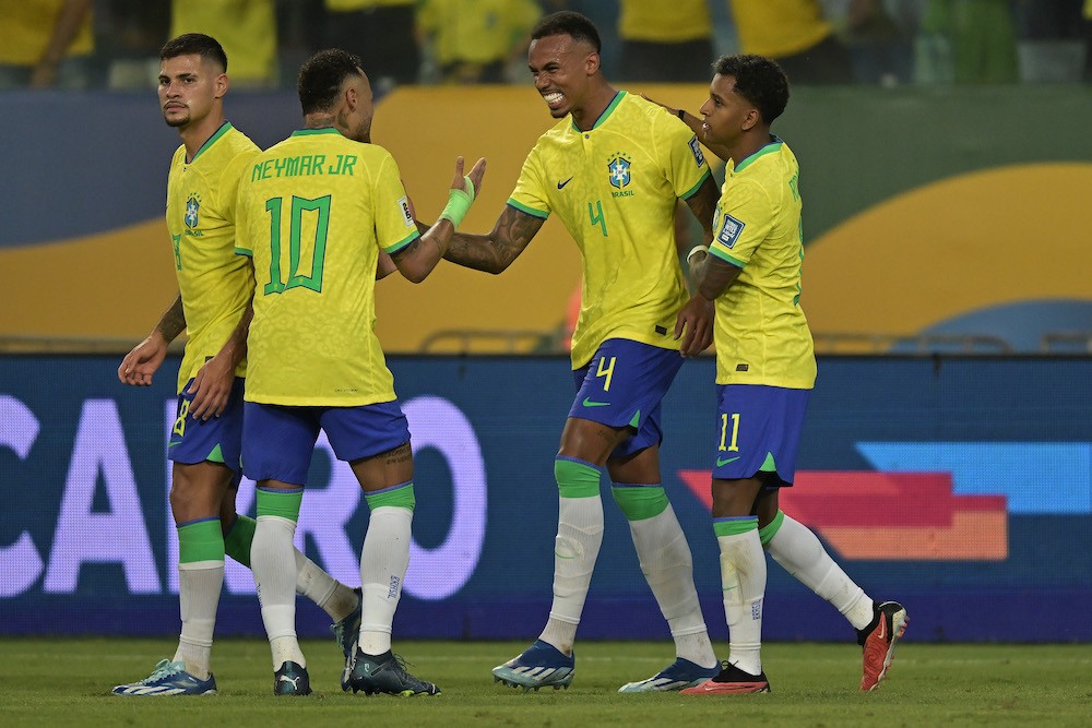 CUIABA, BRAZIL: Gabriel Magalhães of Brazil celebrates with teammates after scoring the first goal of their team during a FIFA World Cup 2026 Qualifier match between Brazil and Venezuela at Arena Pantanal on October 12, 2023. (Photo by Pedro Vilela/Getty Images)