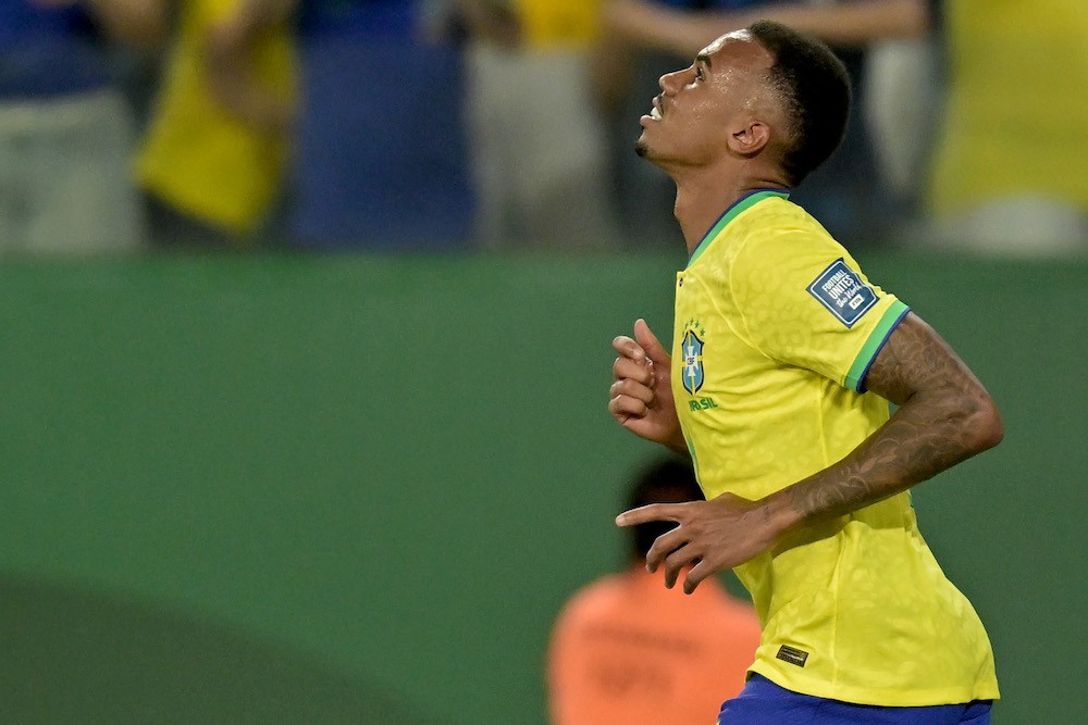 CUIABA, BRAZIL: Gabriel Magalhães of Brazil celebrates after scoring the first goal of his team during a FIFA World Cup 2026 Qualifier match between Brazil and Venezuela at Arena Pantanal on October 12, 2023. (Photo by Pedro Vilela/Getty Images)