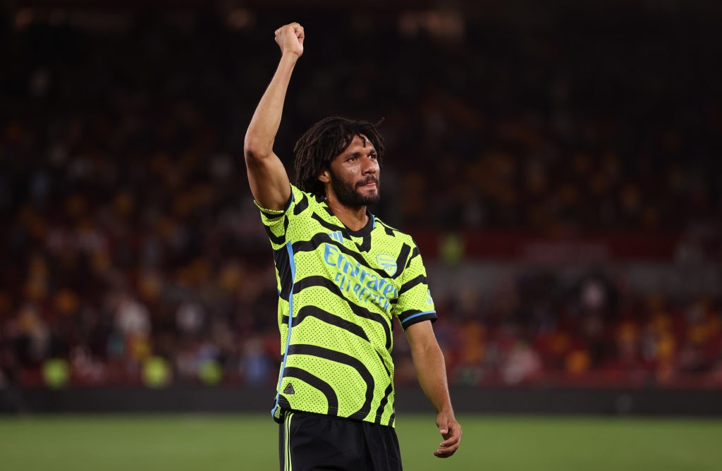 BRENTFORD, ENGLAND - SEPTEMBER 27: Mohamed Elneny of Arsenal thanks the support during the Carabao Cup Third Round match between Brentford and Arsenal at Gtech Community Stadium on September 27, 2023 in Brentford, England. (Photo by Julian Finney/Getty Images)