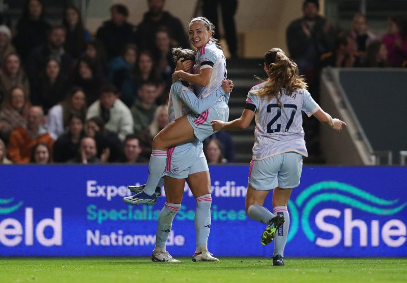 BRISTOL, ENGLAND - OCTOBER 22: Katie McCabe of Arsenal celebrates with team mates after scoring the team's second goal during the Barclays Women´s Super League match between Bristol City and Arsenal FC at Ashton Gate Stadium on October 22, 2023 in Bristol, England. (Photo by Ryan Hiscott/Getty Images)