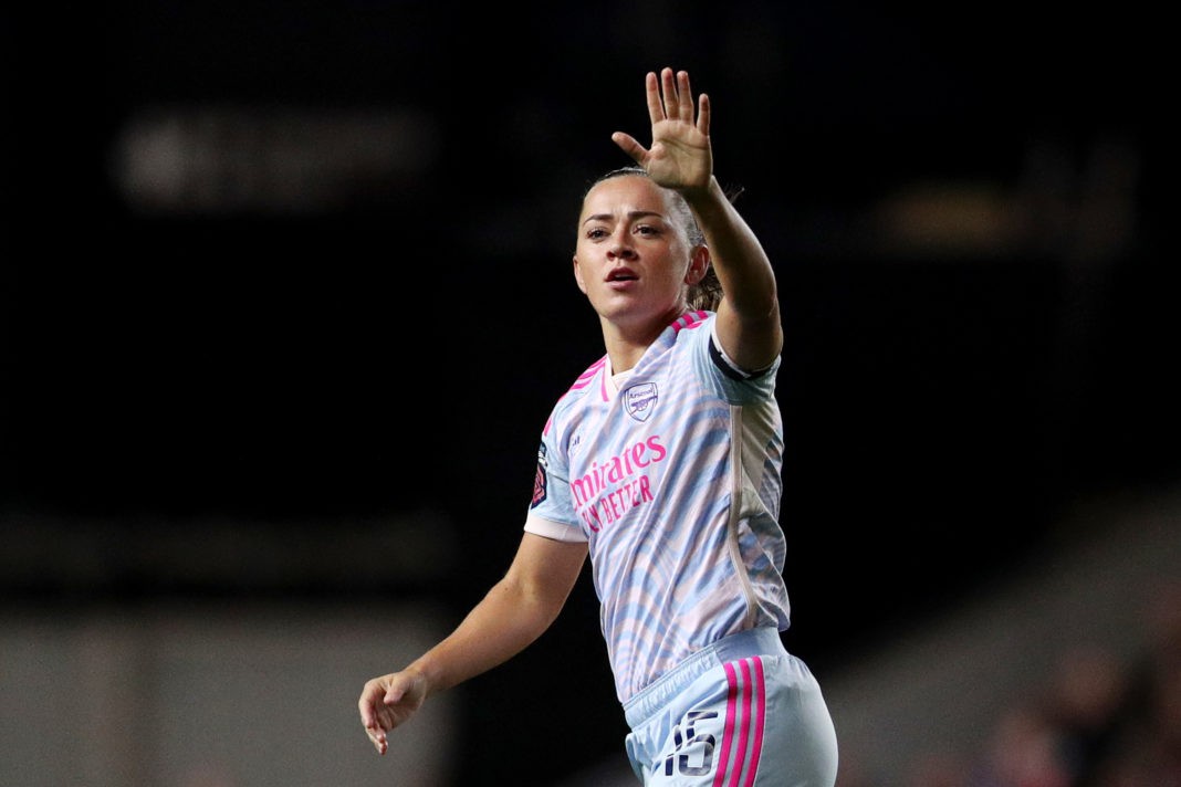 BRISTOL, ENGLAND - OCTOBER 22: Katie McCabe of Arsenal celebrates after scoring the team's first goal during the Barclays Women´s Super League match between Bristol City and Arsenal FC at Ashton Gate Stadium on October 22, 2023 in Bristol, England. (Photo by Ryan Hiscott/Getty Images)