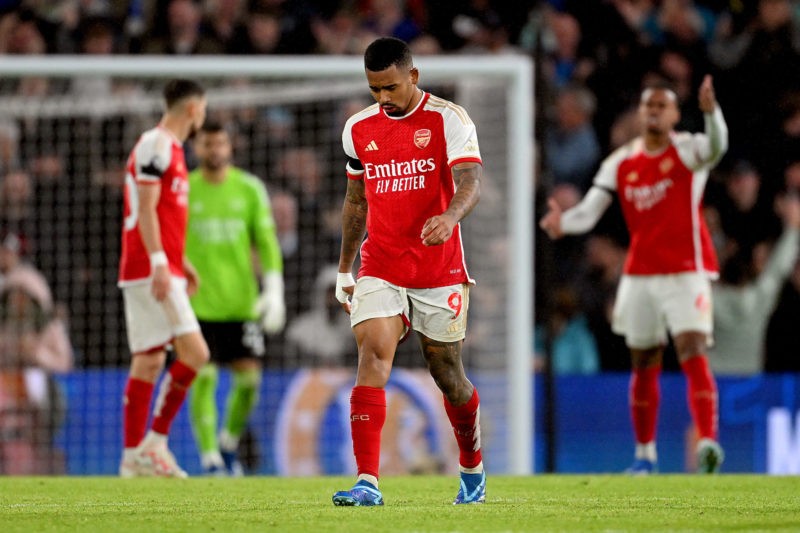 LONDON, ENGLAND - OCTOBER 21: Gabriel Jesus of Arsenal looks dejected after Mykhaylo Mudryk of Chelsea (not pictured) scores the team's second goal during the Premier League match between Chelsea FC and Arsenal FC at Stamford Bridge on October 21, 2023 in London, England. (Photo by Michael Regan/Getty Images)