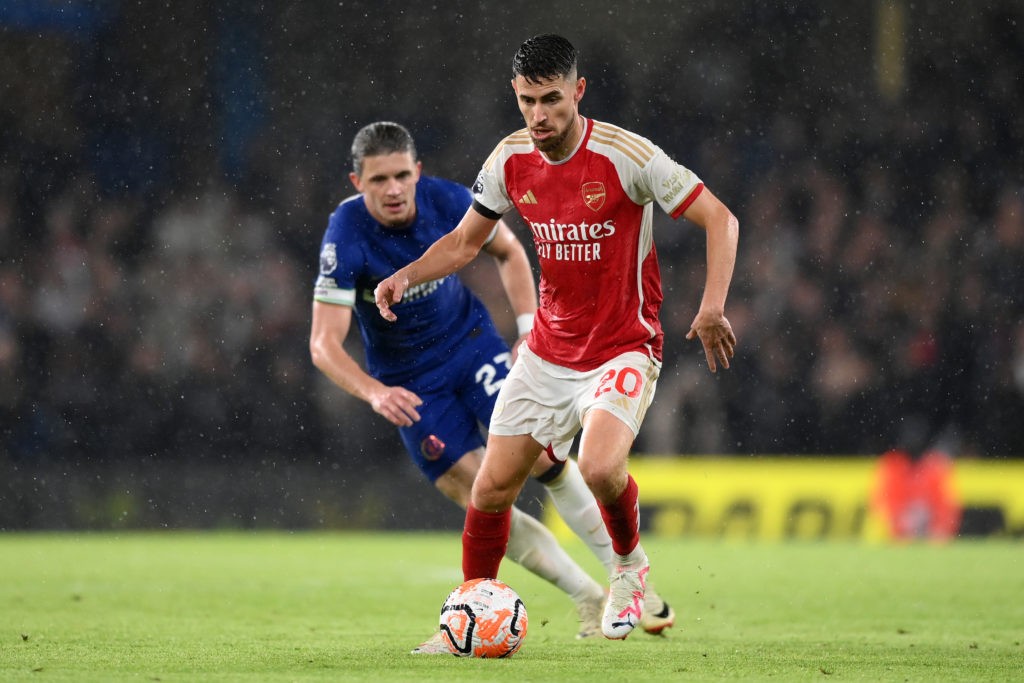 LONDON, ENGLAND - OCTOBER 21: Jorginho of Arsenal takes on Conor Gallagher of Chelsea during the Premier League match between Chelsea FC and Arsenal FC at Stamford Bridge on October 21, 2023 in London, England. (Photo by Justin Setterfield/Getty Images)