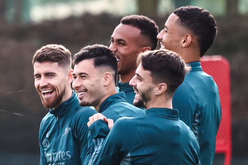 Arsenal's Italian midfielder #20 Jorginho (L) reacts attends a team training session at Arsenal's training ground in north London on October 23, 2023, ahead of their UEFA Champions League Group B football match against Sevilla FC. (Photo by HENRY NICHOLLS/AFP via Getty Images)