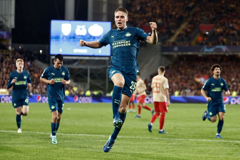 PSV Eindhoven's Dutch midfielder #23 Joey Veerman celebrates his team's first goal during the UEFA Champions League Group B first leg football match between RC Lens and PSV Eindhoven at the Bollaert-Delelis stadium in Lens, northern France, on October 24, 2023. (Photo by Sameer Al-Doumy / AFP) (Photo by SAMEER AL-DOUMY/AFP via Getty Images)