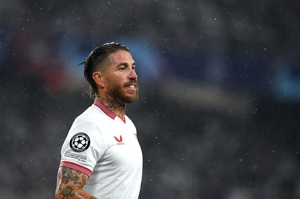 Sevilla's Spanish defender #04 Sergio Ramos reacts during the UEFA Champions League 1st round day 3 Group B football match between Sevilla FC and Arsenal at the Ramon Sanchez Pizjuan stadium in Seville on October 24, 2023. (Photo by JORGE GUERRERO/AFP via Getty Images)