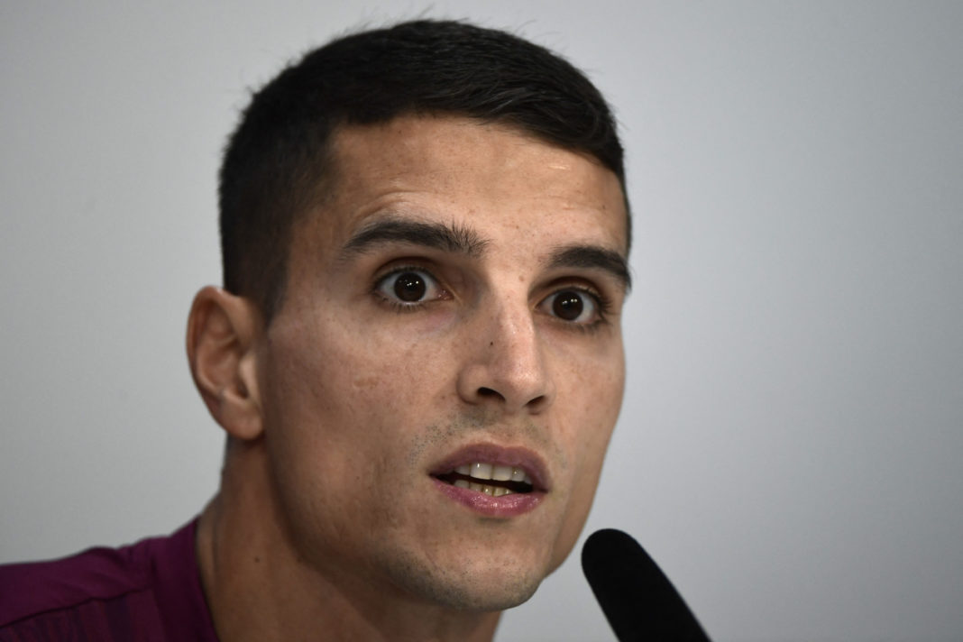 Sevilla's Argentinian forward Erik Lamela holds a press conference at the Jose Ramon Cisneros Palacios sports city in Seville on October 23, 2023, on the eve of the UEFA Champions League 1st round day 3 Group B football match between Sevilla FC and Arsenal. (Photo by CRISTINA QUICLER/AFP via Getty Images)