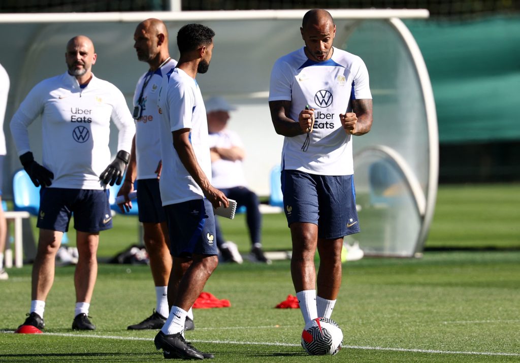 Former French football player and newly appointed France U21 head coach Thierry Henry (R) speaks with assistant coach Gael Clichy during a training session in Clairefontaine-en-Yvelines on September 4, 2023. (Photo by FRANCK FIFE/AFP via Getty Images)