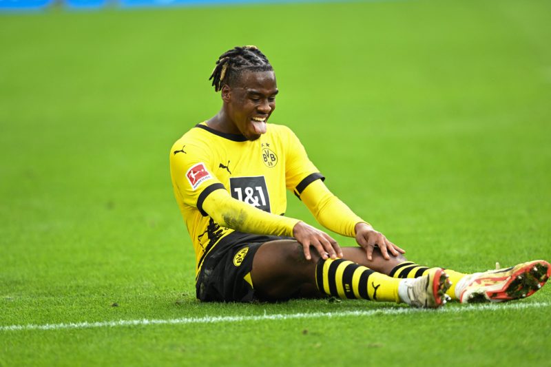 Dortmund's English forward #43 Jamie Bynoe-Gittens rreacts on the ground during the German first division Bundesliga football match between Borussia Dortmund and VfL Wolfsburg in Dortmund, western Germany, on September 23, 2023. (Photo by INA FASSBENDER/AFP via Getty Images)