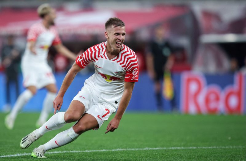 Leipzig's Spanish forward #07 Dani Olmo reacts during the German first division Bundesliga football match between RB Leipzig and VfB Stuttgart in Leipzig, eastern Germany on August 25, 2023. (Photo by RONNY HARTMANN/AFP via Getty Images)