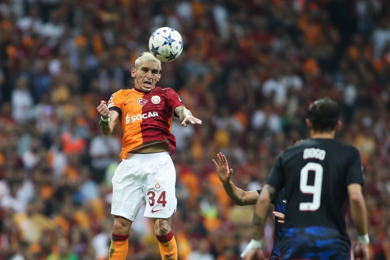 ISTANBUL, TURKEY - SEPTEMBER 20: Lucas Torreira of Galatasaray heads during the UEFA Champions League match between Galatasaray A.S. and F.C. Copenhagen at Ali Sami Yen Arena on September 20, 2023 in Istanbul, Turkey. (Photo by Ahmad Mora/Getty Images)