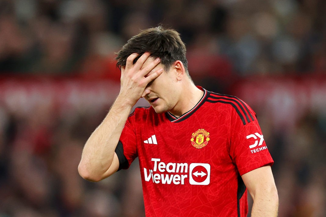 MANCHESTER, ENGLAND - OCTOBER 29: Harry Maguire of Manchester United reacts during the Premier League match between Manchester United and Manchester City at Old Trafford on October 29, 2023 in Manchester, England. (Photo by Catherine Ivill/Getty Images)