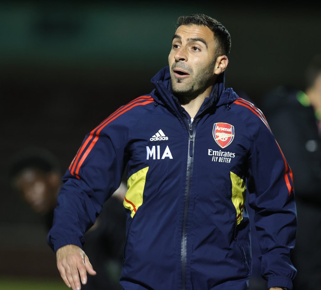 NORTHAMPTON, ENGLAND - OCTOBER 18: Arsenal U21 manager Mehmet Ali looks on during the Papa John's Trophy match between Northampton Town and Arsenal U21 at Sixfields on October 18, 2022 in Northampton, England. (Photo by Pete Norton/Getty Images)