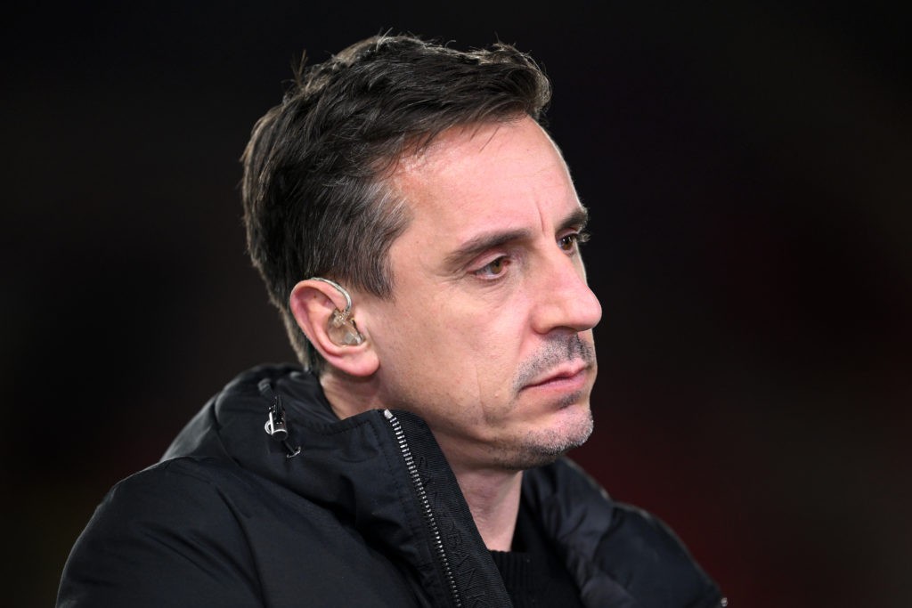 NOTTINGHAM, ENGLAND - MARCH 17: Sky Sports Presenter, Gary Neville looks on during the Premier League match between Nottingham Forest and Newcastle United at City Ground on March 17, 2023 in Nottingham, England. (Photo by Laurence Griffiths/Getty Images)