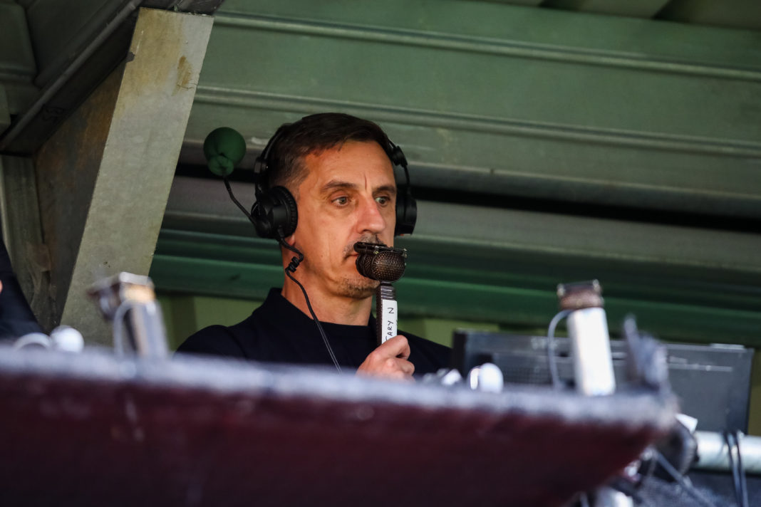 SALFORD, ENGLAND - AUGUST 29: Gary Neville, former English footballer, television pundit and co-owner of Salford City during the Carabao Cup Second Round match between Salford City and Leeds United at Peninsula Stadium on August 29, 2023 in Salford, England. (Photo by Jess Hornby/Getty Images)
