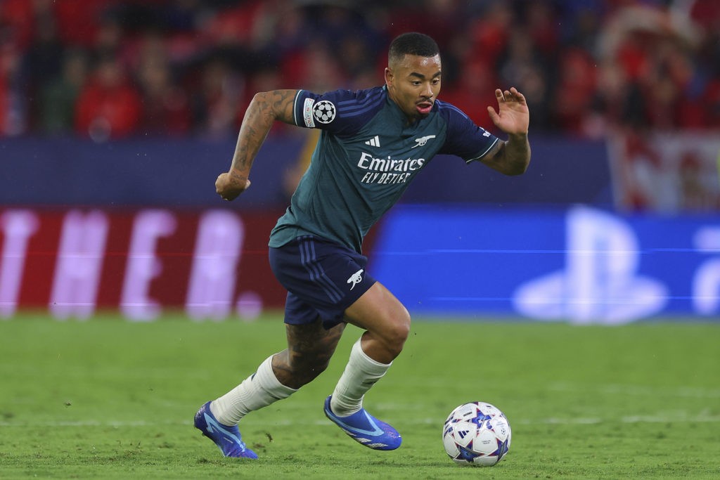 SEVILLE, SPAIN - OCTOBER 24: Gabriel Jesus of Arsenal FC in action during the UEFA Champions League match between Sevilla FC and Arsenal FC at Estadio Ramon Sanchez Pizjuan on October 24, 2023 in Seville, Spain. (Photo by Fran Santiago/Getty Images)