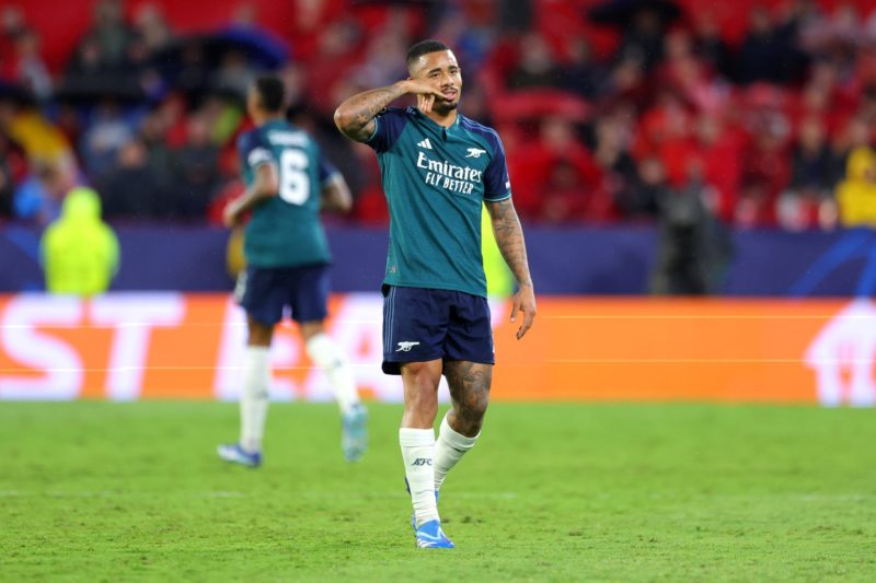 SEVILLE, SPAIN - OCTOBER 24: Gabriel Jesus of Arsenal celebrates after scoring the team's second goal during the UEFA Champions League match between Sevilla FC and Arsenal FC at Estadio Ramon Sanchez Pizjuan on October 24, 2023 in Seville, Spain. (Photo by Fran Santiago/Getty Images)