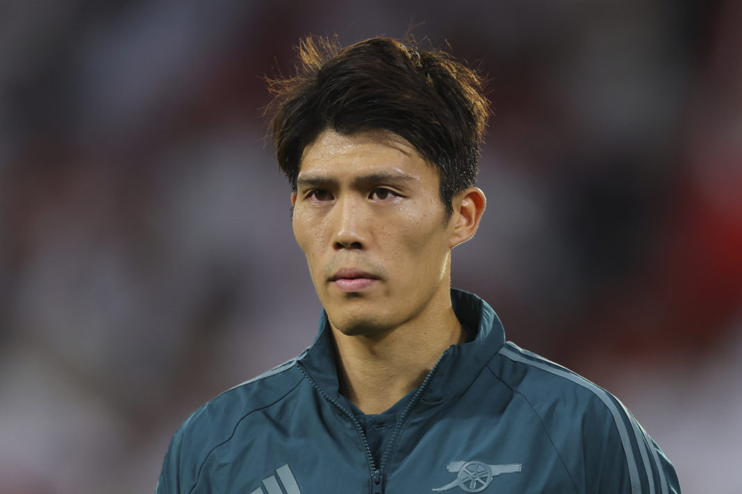 SEVILLE, SPAIN - OCTOBER 24: Takehiro Tomiyasu of Arsenal FC looks on during the UEFA Champions League match between Sevilla FC and Arsenal FC at Estadio Ramon Sanchez Pizjuan on October 24, 2023 in Seville, Spain. (Photo by Fran Santiago/Getty Images)